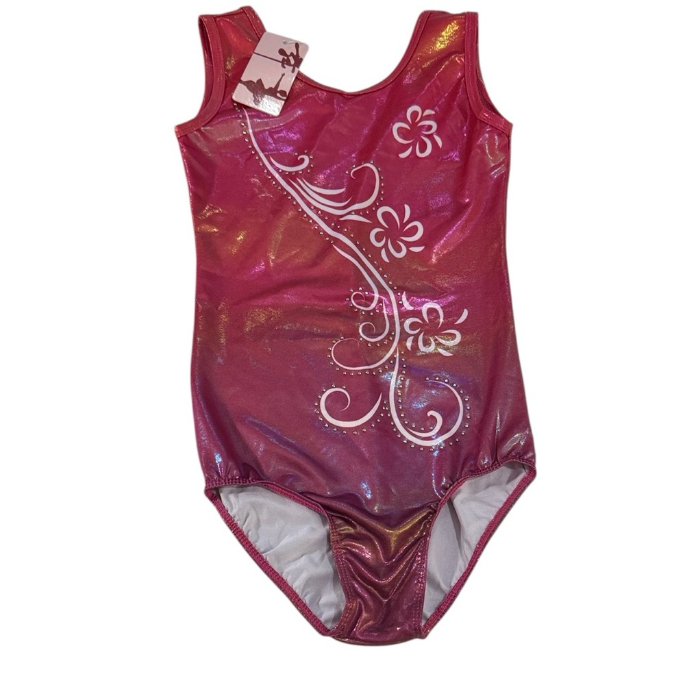 Shimmery Pink Gymnastics Dance Leotard w/ Raised Metallic Stud Swirl Size 12 NWT